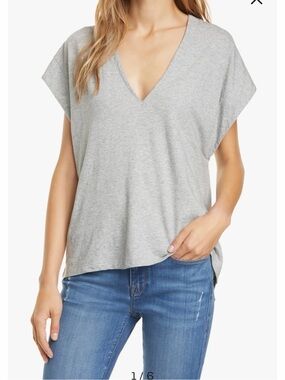 FRAME Le Mid Rise V‑Neck Tee — Heather Gray, Size M